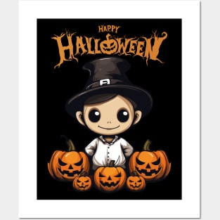 Cute Boy in Witch Hat and Spooky Pumpkin, Happy Halloween Posters and Art